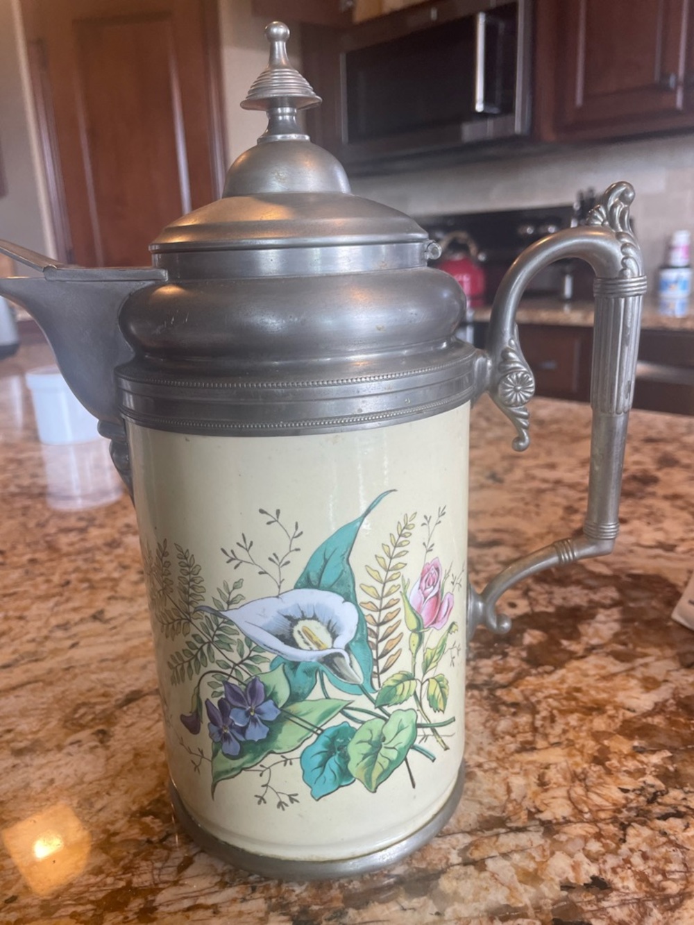 Floral Cream Ceramic coffee pot with Pewter Lid and Handle